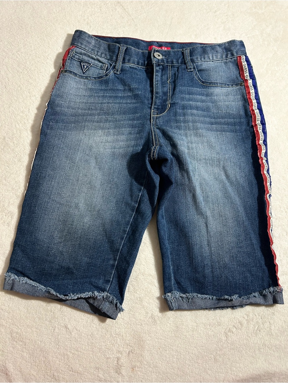 Guess Women's Denim Bermuda Shorts with Red & Blue Side Tape